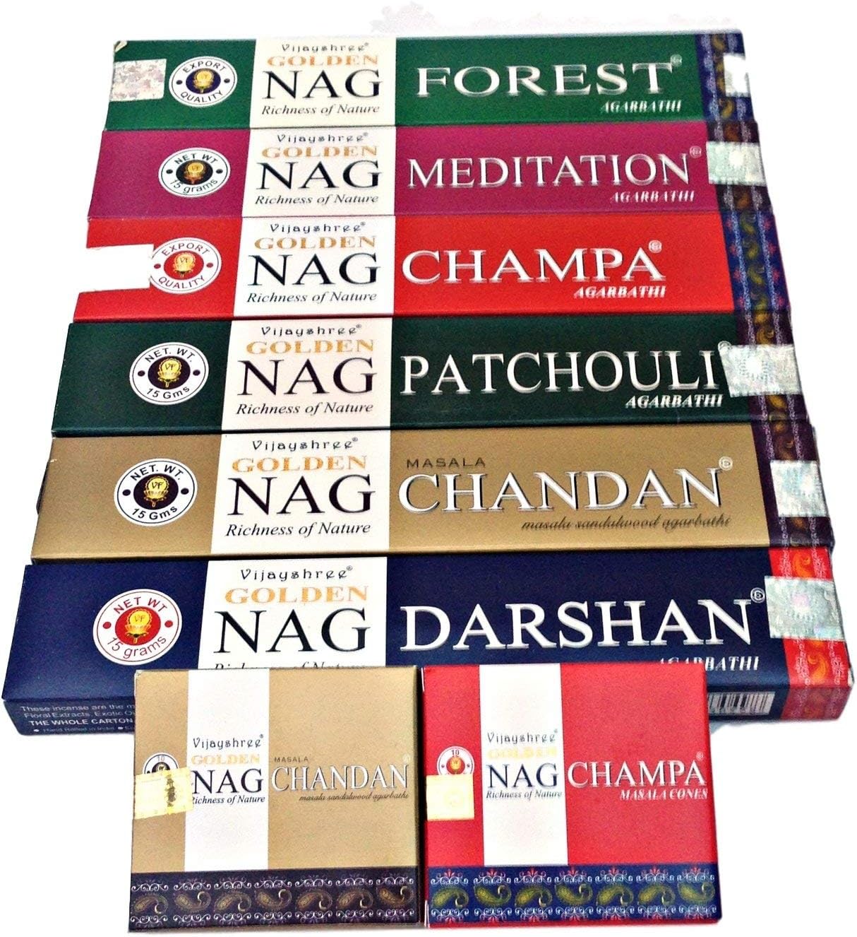 Golden Nag Champa Incense Sticks & Cones Vijayshree- All 8 Boxes-Full Range