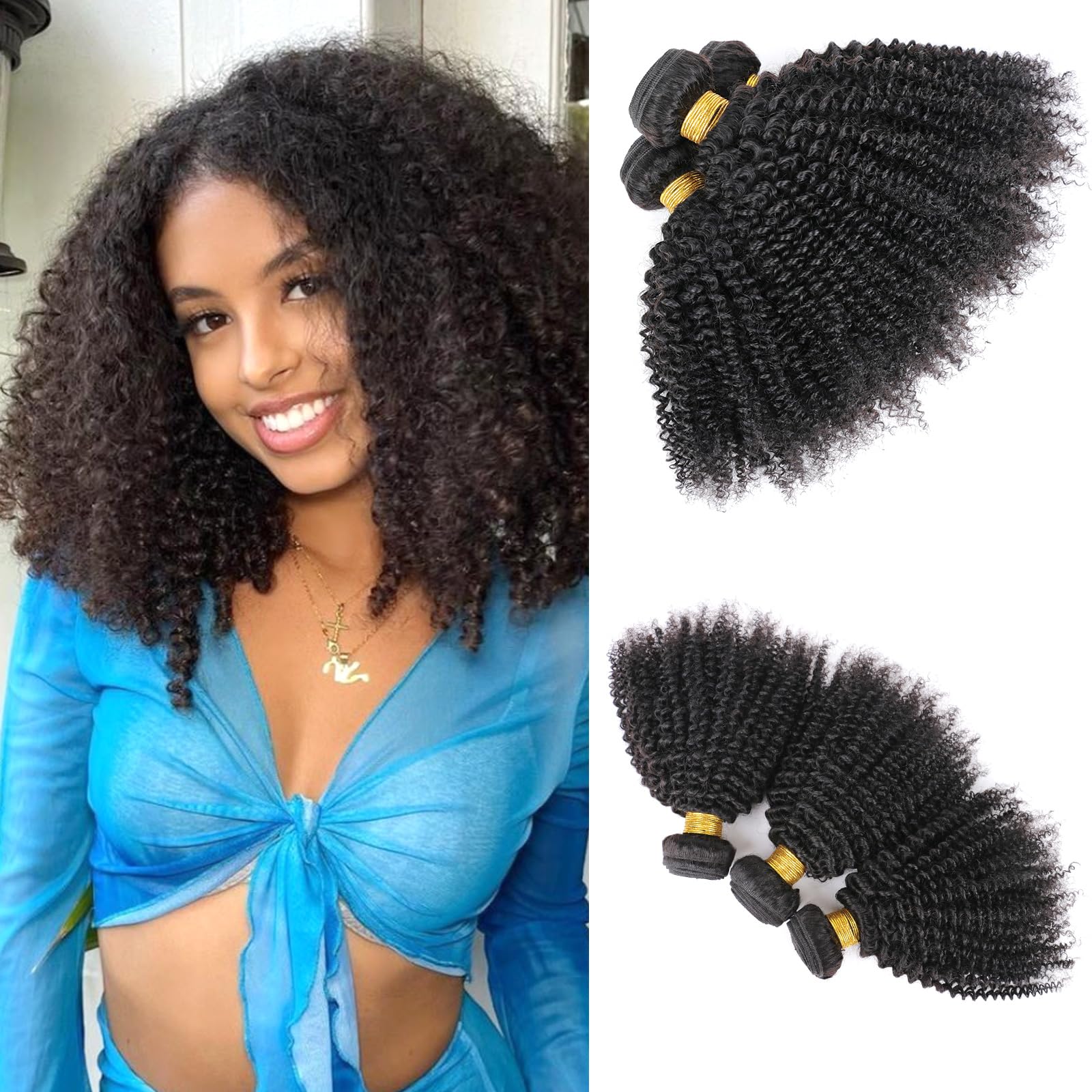 Mongolian Afro Kinky Curly Bundles Human Hair 4B 4C 100% Human Hair Bundles 12 12 12 Inch Curly Weave Bundles Unprocessed Virgin Hair Afro Curly Hair Extensions for Black Women Natural Color — image 1