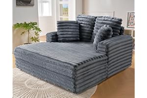 VanAcc 53 Inch Chaise Lounge Indoor, Plush Sleeper Chair with Throw Pillows, Upholstered Sofa Bed with Armrests, Plush Chair Bed for Living Room(Grey)