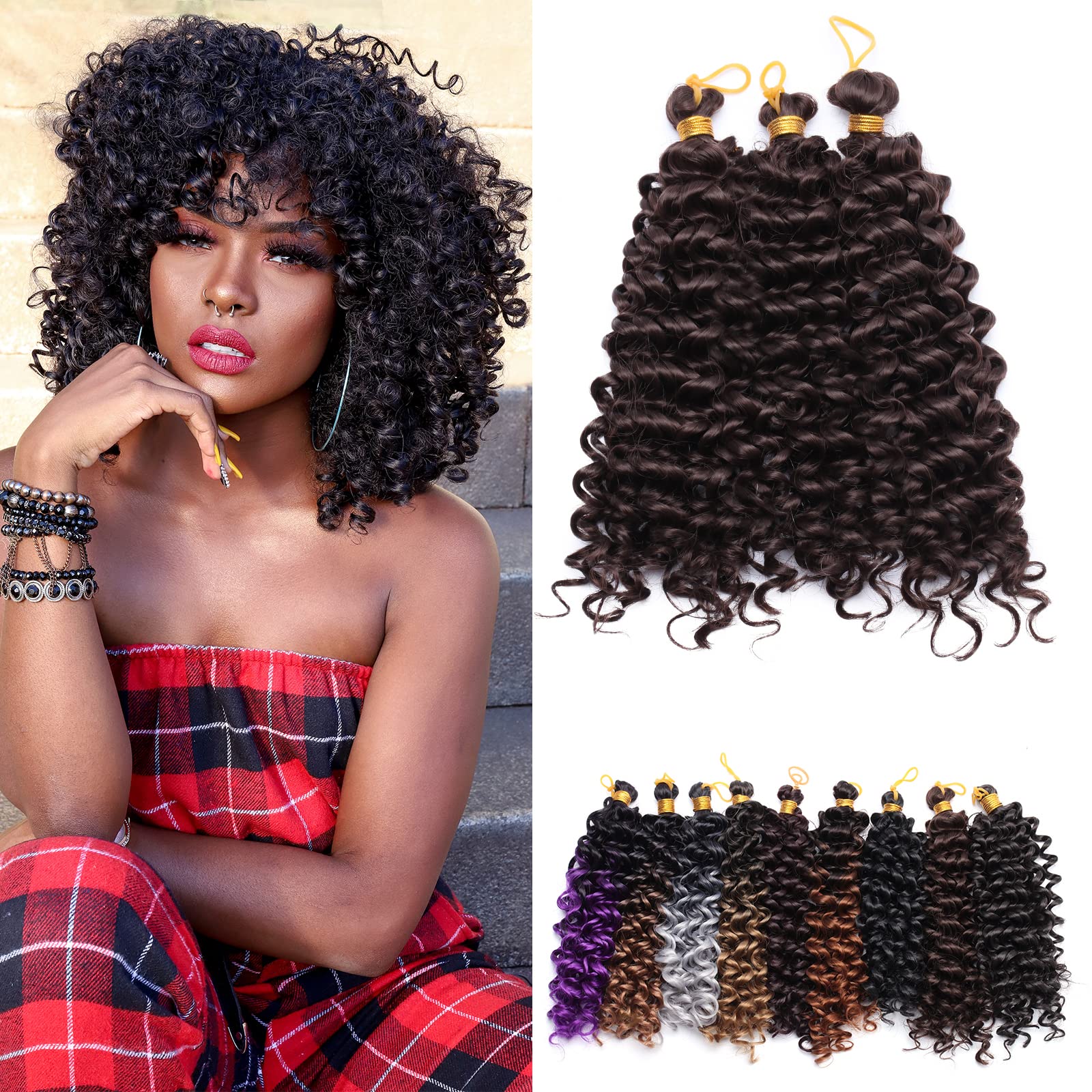 Afro Braiding Hair Extensions Water Wavy Marlybob Crochet Hair Weave Braids Synthetic Kinky Deep Curly - Brown