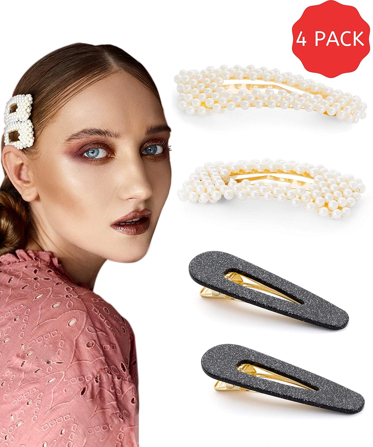 HELA STUDIO Hair Clips | 4 PIECE SET | Stunning Hair Barrettes | Pearl Clips And Black Glitter Resin Clips | Alligator Clips | Hairpins | Bobby Pin | Metal Bobby Pins | Fashion Hair Clips For Women