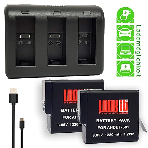 LOOKit USB Drei Kanal Ladegerät + 2x Ersatzakku kompatibel für GoPro Hero 7 Black Hero 2018 Hero 5 und Hero 6 hero-2018-5-6-7