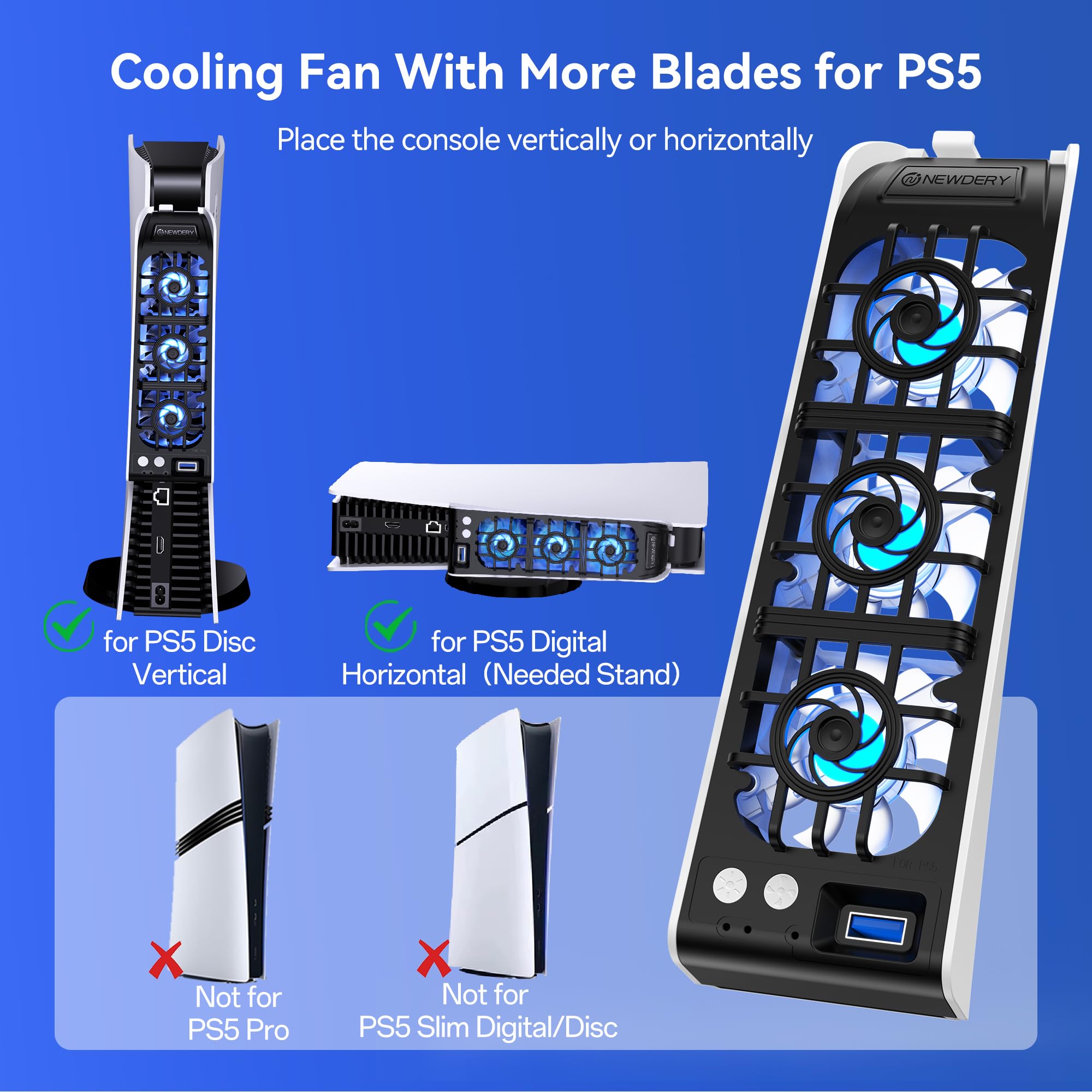 NEWDERY Lüfter für PS5-Zubehör, Verbesserter Leiser Lüfter, Automatische Temperaturangepasste Drehzahl, Dynamische RGB-Beleuchtung, Passend für PlayStation 5, Nicht für PS5 Slim/Pro 2