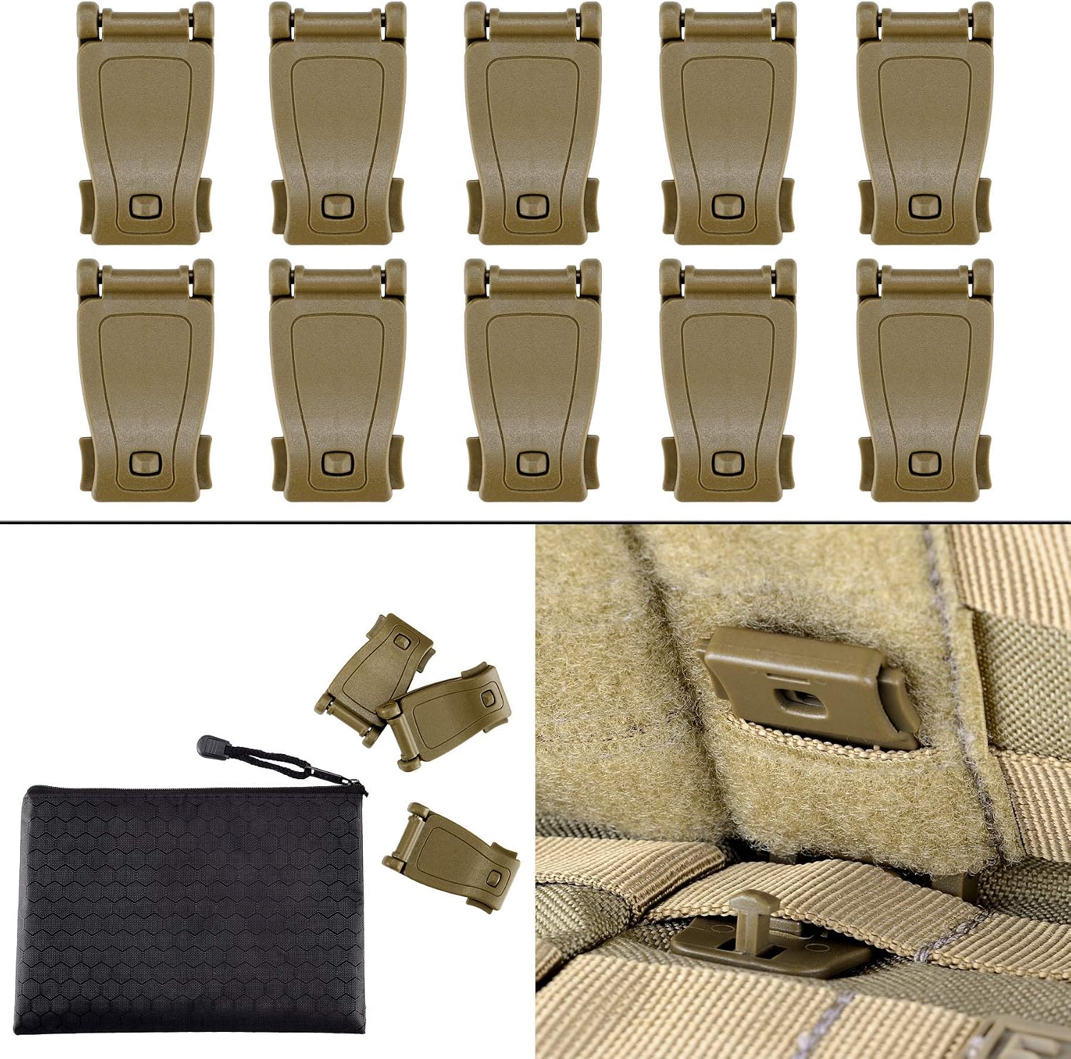BOOSTEADY MOLLE Clips Tactical Strap Management Tool Web Dominator Backpack Accessories, 10 Pcs Plastic Molle Clips (Tan), x