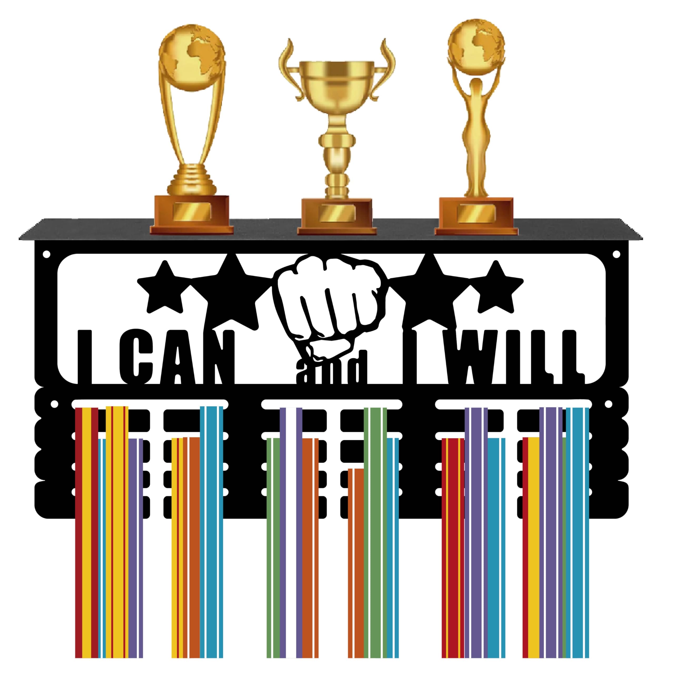 CREATCABIN Medal Holder Trophy Shelf Medal Hangers Display with Shelf Stand Sports 4 Rows Wall Mount Hold 70+ Medals for Gymnastics Soccer Running Swimming Awards Rack 15.7 x 7.9 Inch-I Can And I Will