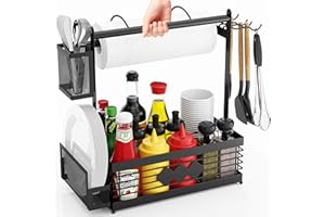 AOFMEE Grill Caddy for Outdoor Grill, BBQ Caddy with Camping Paper Towel Holder and Plate Holder, Picnic Utensil Condiment Kitchen Organizer for Camper, RV Patio Tailgate Essentials, Grilling Gifts for Men