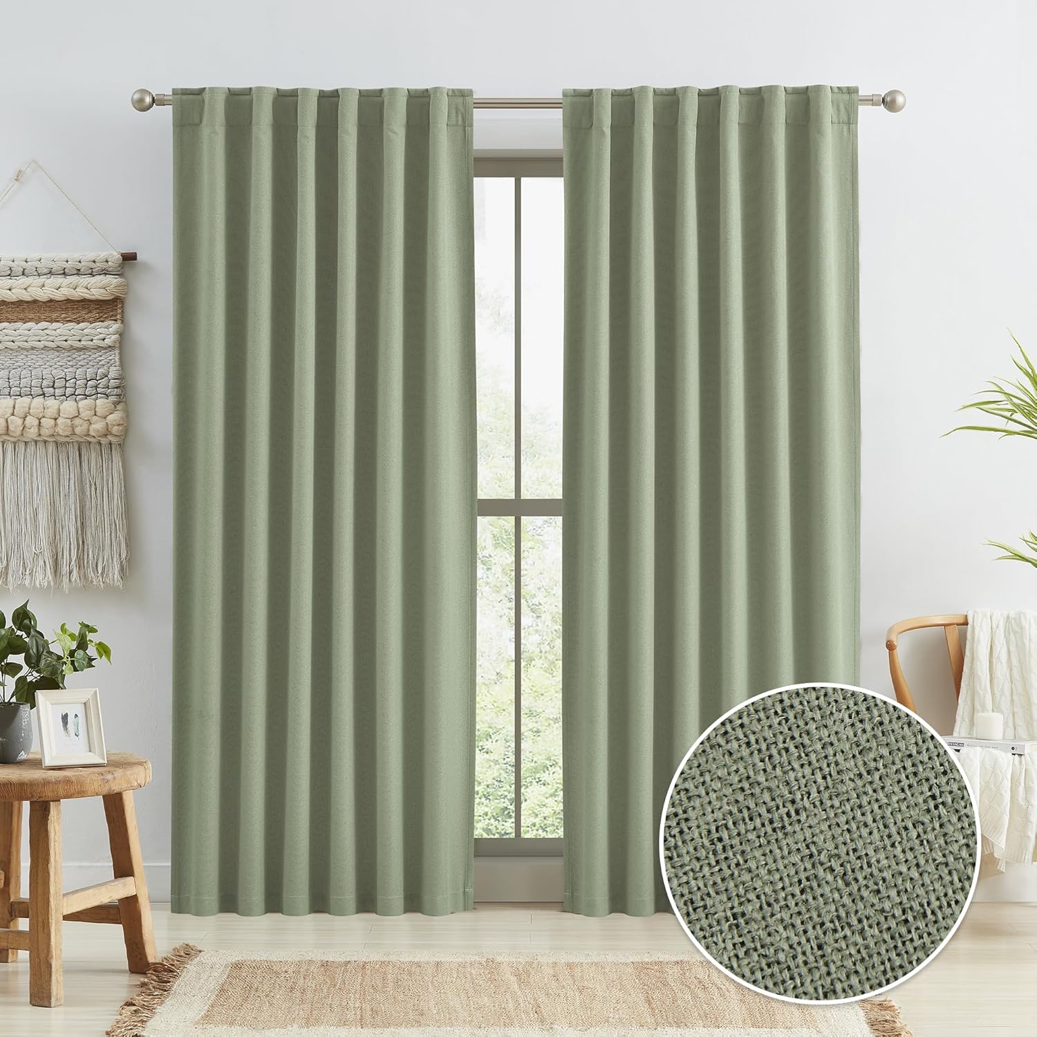 Window Treatments - KEQIAOSUOCAI Sage Green Blackout Linen Curtains 84 Inch Length 2 Panels Set, Back Tab Rod Pocket Hooks Window Treatment Boho Cotton Textured Long Drapes for Bedroom Living Room 50x84