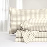Wake In Cloud - Gingham Bed Sheets, 4-Piece Sheet Set, Plaid Checkered Check Pattern Printed Cute Preppy College Dorm Bedding, Deep Pocket, Beige, Full Size