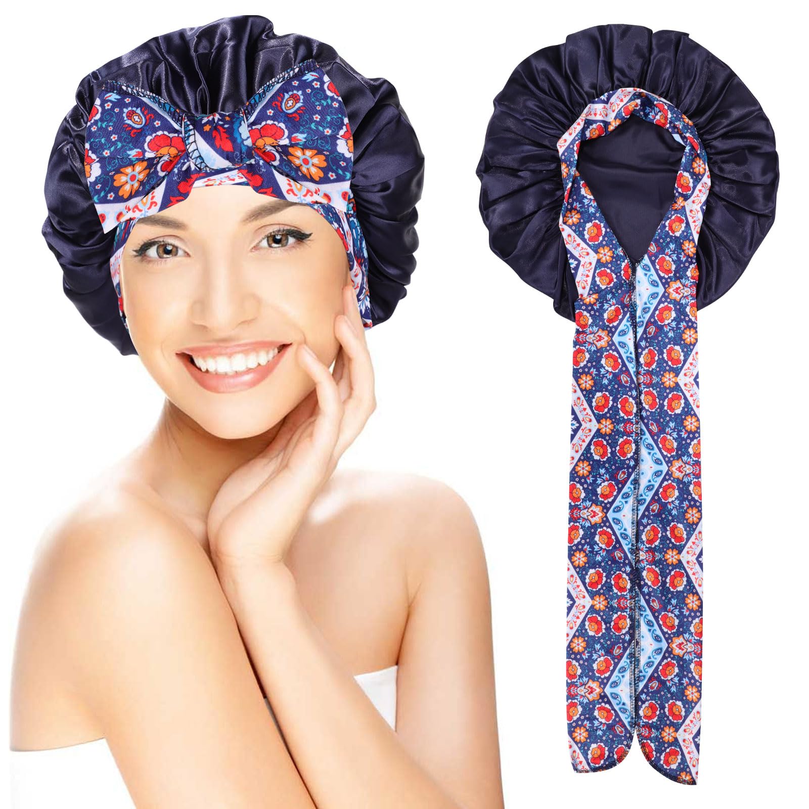 Silk Satin Bonnet Wrap for Sleep, Bath & Shower - Hair Cap with Tie Band for Women & Girls with Long, Curly Hair (Navy)