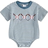 Mobbdow Infant Baby Boy Girl Baseball Outfit Embroidery Stripe Short Sleeve Bubble Romper Waffle Knit Bodysuit Summer Clothes