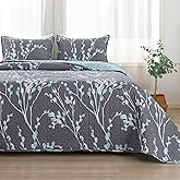 Andency Quilt California King Size Grey Blue (112x104 Inch), 3 Pieces Floral Lightweight Bedding Set, Microfiber Reversible Flower Quilted Bedspread Coverlet with 2 Pillowcases for Men Women