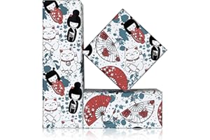 Japanese Wrapping Paper, Japanese Style Fan Lucky Cat Maneki Neko Gift Wrap Paper, 4 Sheets Folded Flat 20 x 28 inches for Bi