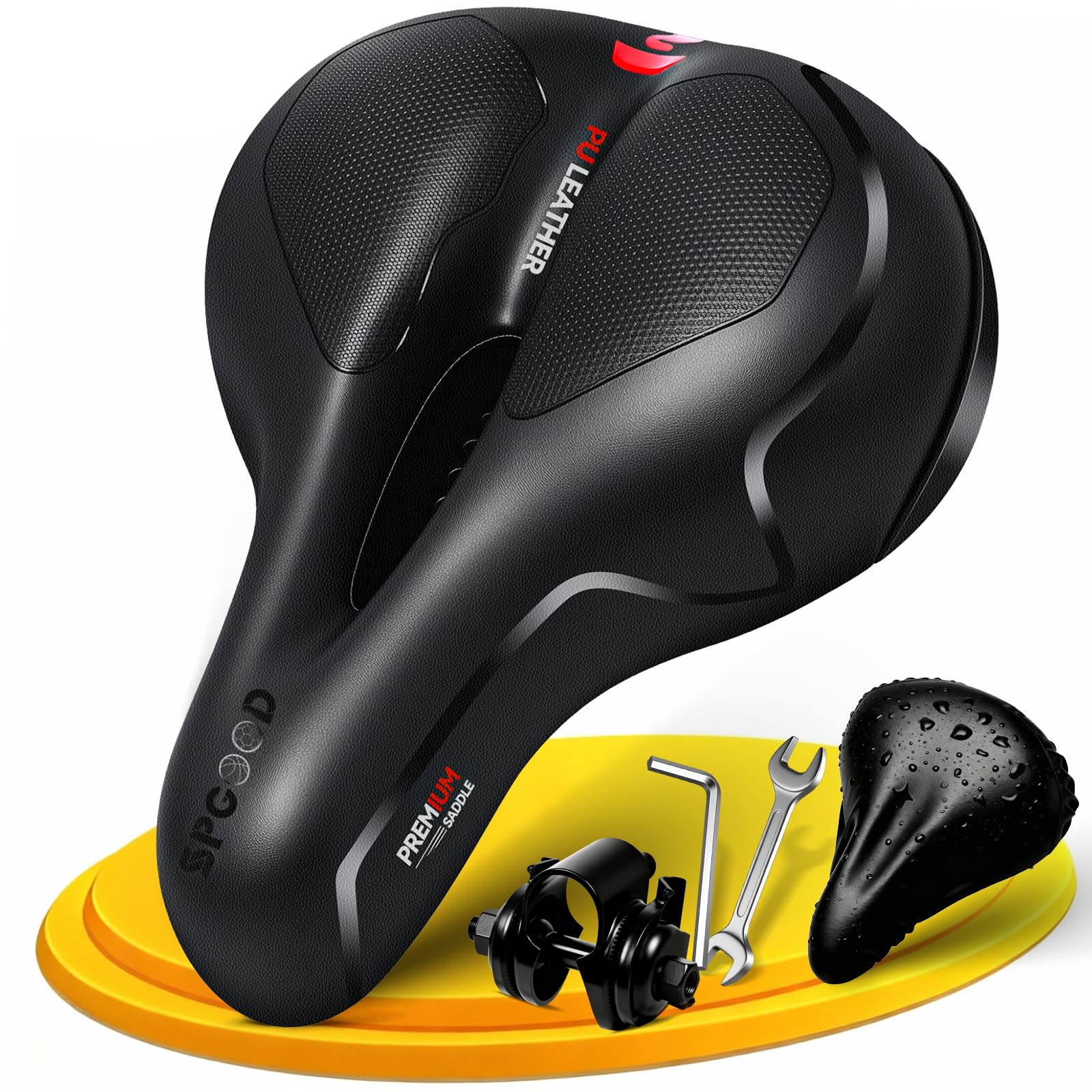 SPGOOD Bicycle Saddle, Comfortable Soft Memory Foam Ergonomic Shock Absorbing Breathable Bicycle Saddle, Waterproof with Cover and Clamps Road Bike City MTB Bicycle Seat for Men and Women 25 x 21 cm