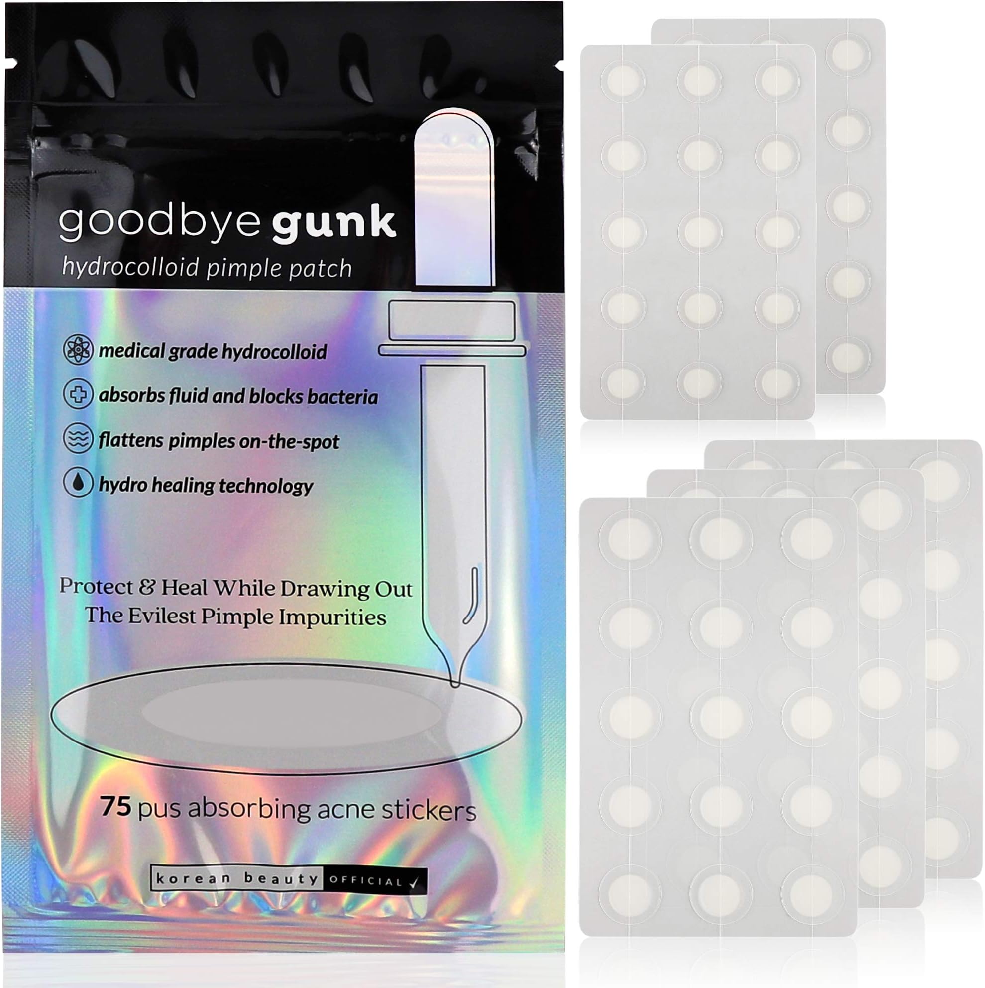 Acne Pimple Patch (75 Acne Patches) Korean Medical Grade Hydrocolloid Acne Spot Treatment for Skin. Absorbing Cover Stickers for Healing Zits on Face. Goodbye Gunk Invisible Dots for Skin (2 sizes).
