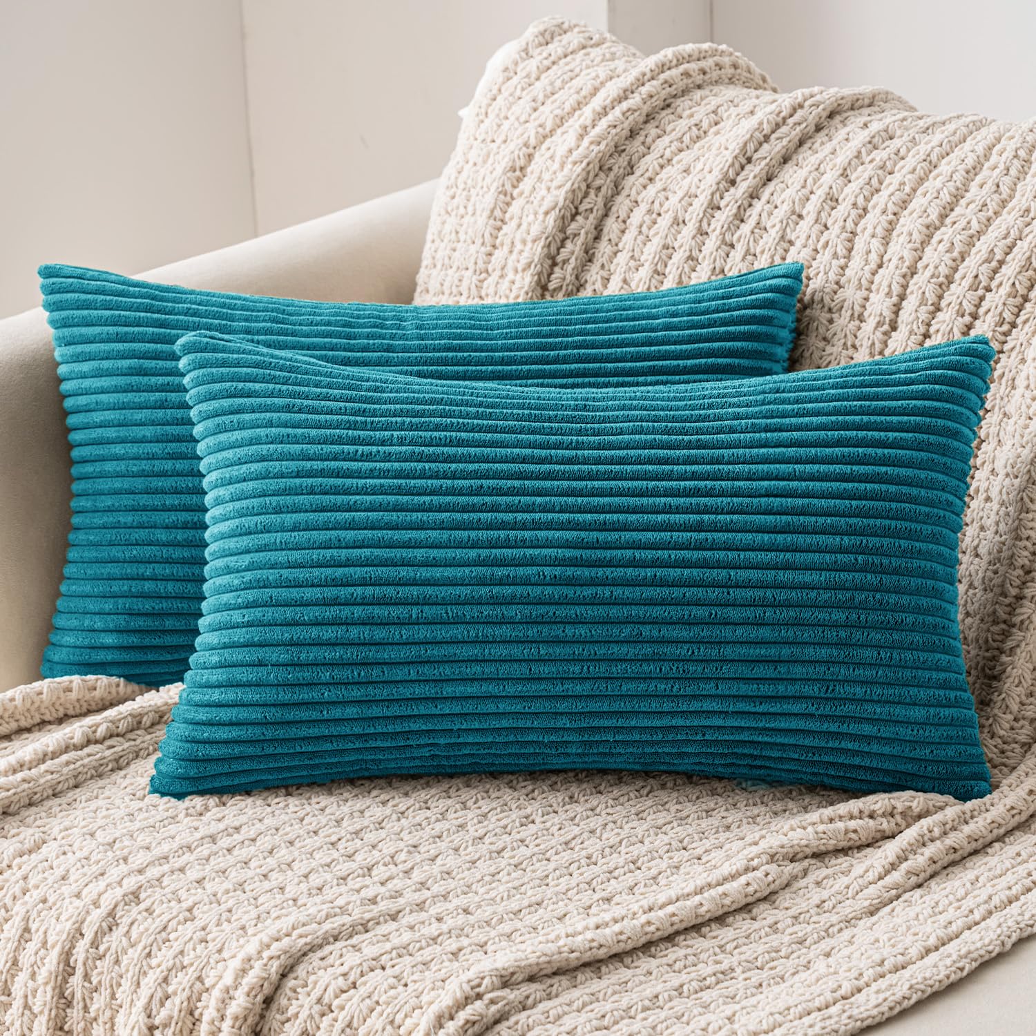 MIULEE Set of 2 Striped Corduroy Square Throw Pillow Case Soft Cushion Cover Sham Home for Sofa Chair Couch/Bedroom Decorative Fluffy Large Pillowcases 12x20 Inch 30x50cm Lake Blue — image 1