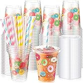 meekoo 50 Sets Donut Cup with Flat Lids and Straws 12 oz Doughnut Sprinkle Plastic Cups Clear Drink Disposable Cups with Lids for Smoothie Donut Grow up Birthday Party Baby Shower Summer Holiday