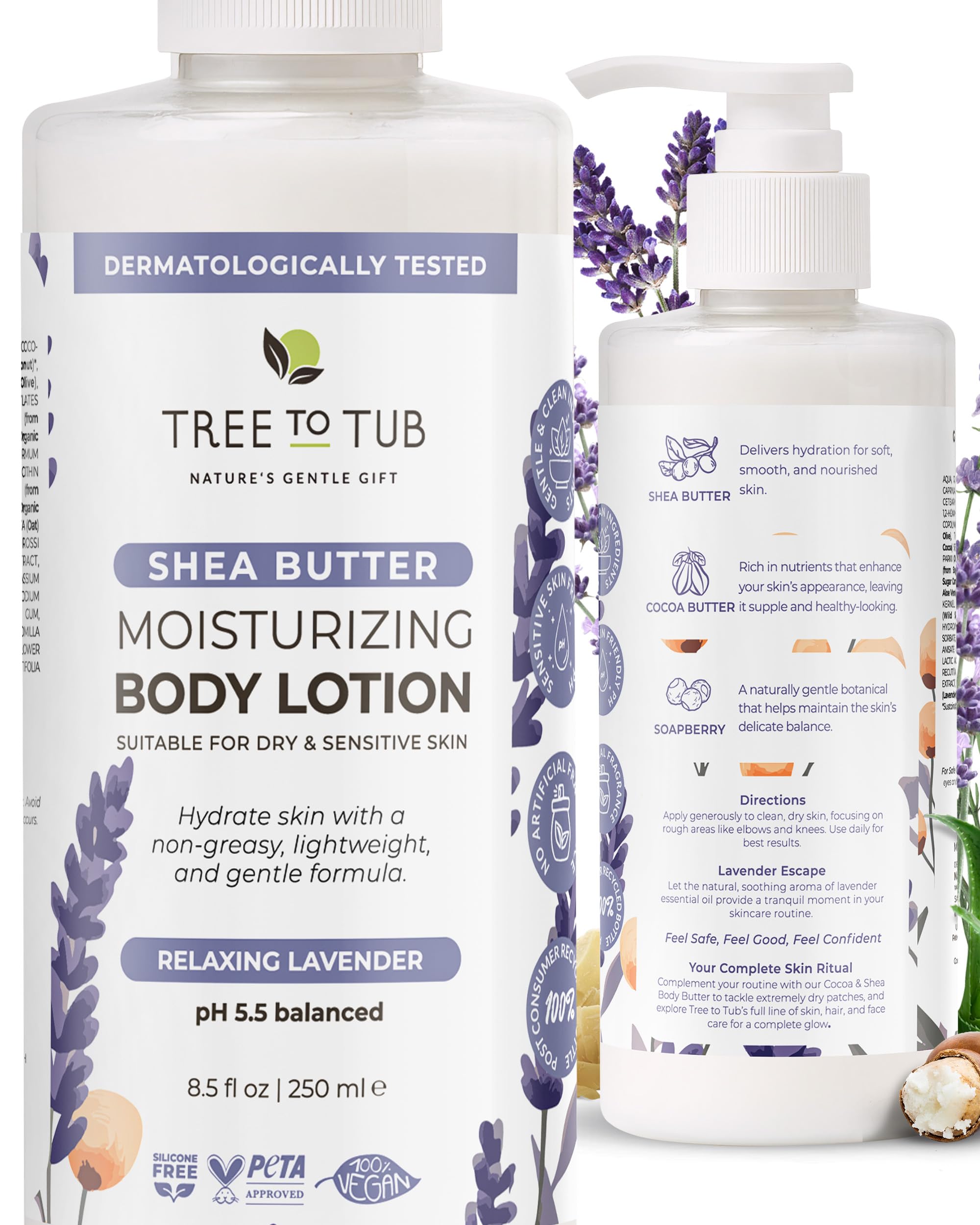Tree To Tub Lavender Shea Butter Body Lotion for Dry Skin - Moisturizing Sensitive Skin Lotion for Women & Men, Vegan Body Moisturizer w/Organic Aloe Vera, Cocoa Butter, All Natural Colloidal Oatmeal