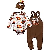 Aulyffo My First Thanksgiving Baby Boy Outfit,Long Sleeve Romper+Suspender Pant+Turkey Hat 3PCS Thanksgiving Baby Boy Clothes