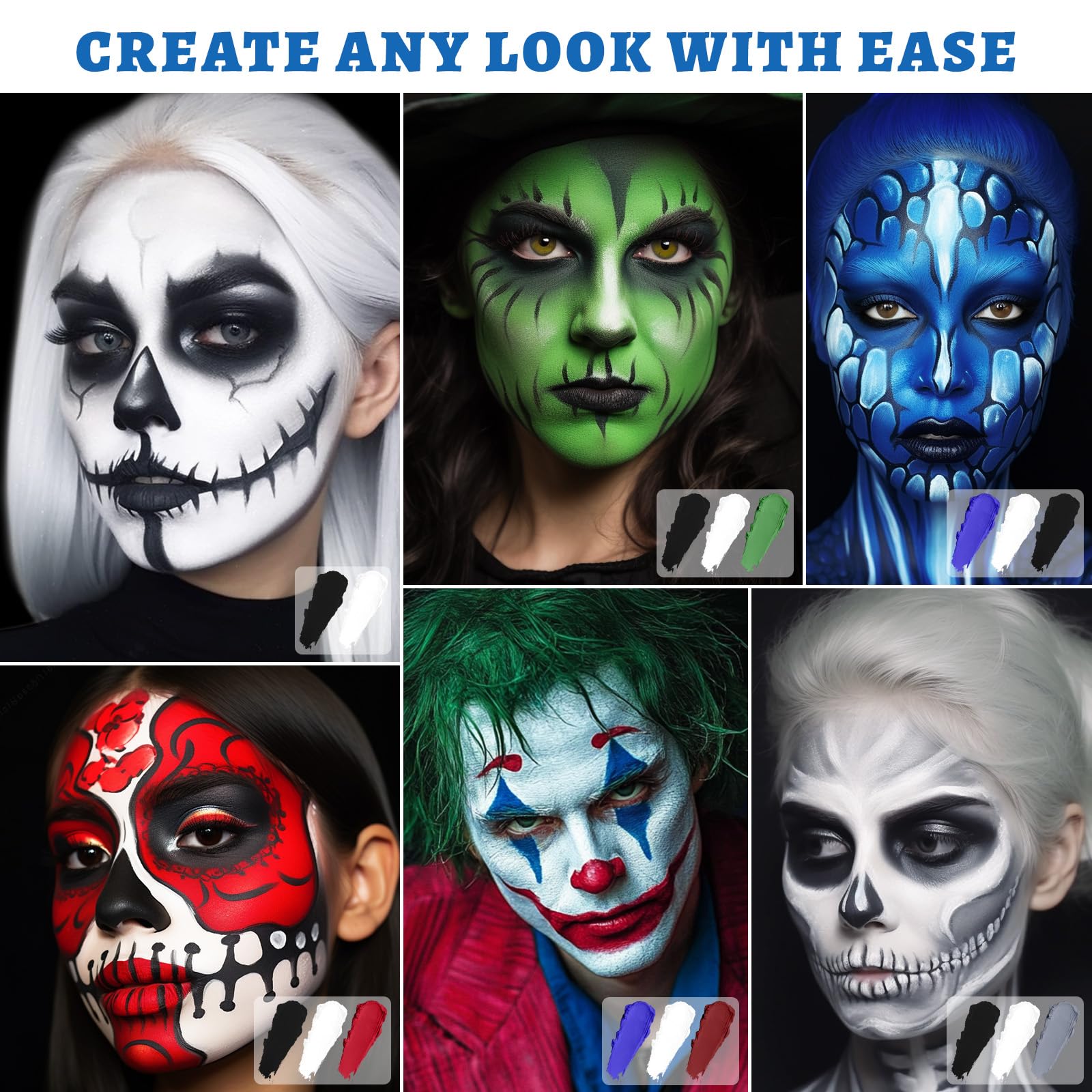 BOBISUKA 18 Color Washable Face & Body Paint Palette with Brushes, Extra Black & White Pans, Highly Pigmented Cream Formula Face Painting Kit for Halloween, Carnival, Cosplay, Festivals & SFX Makeup