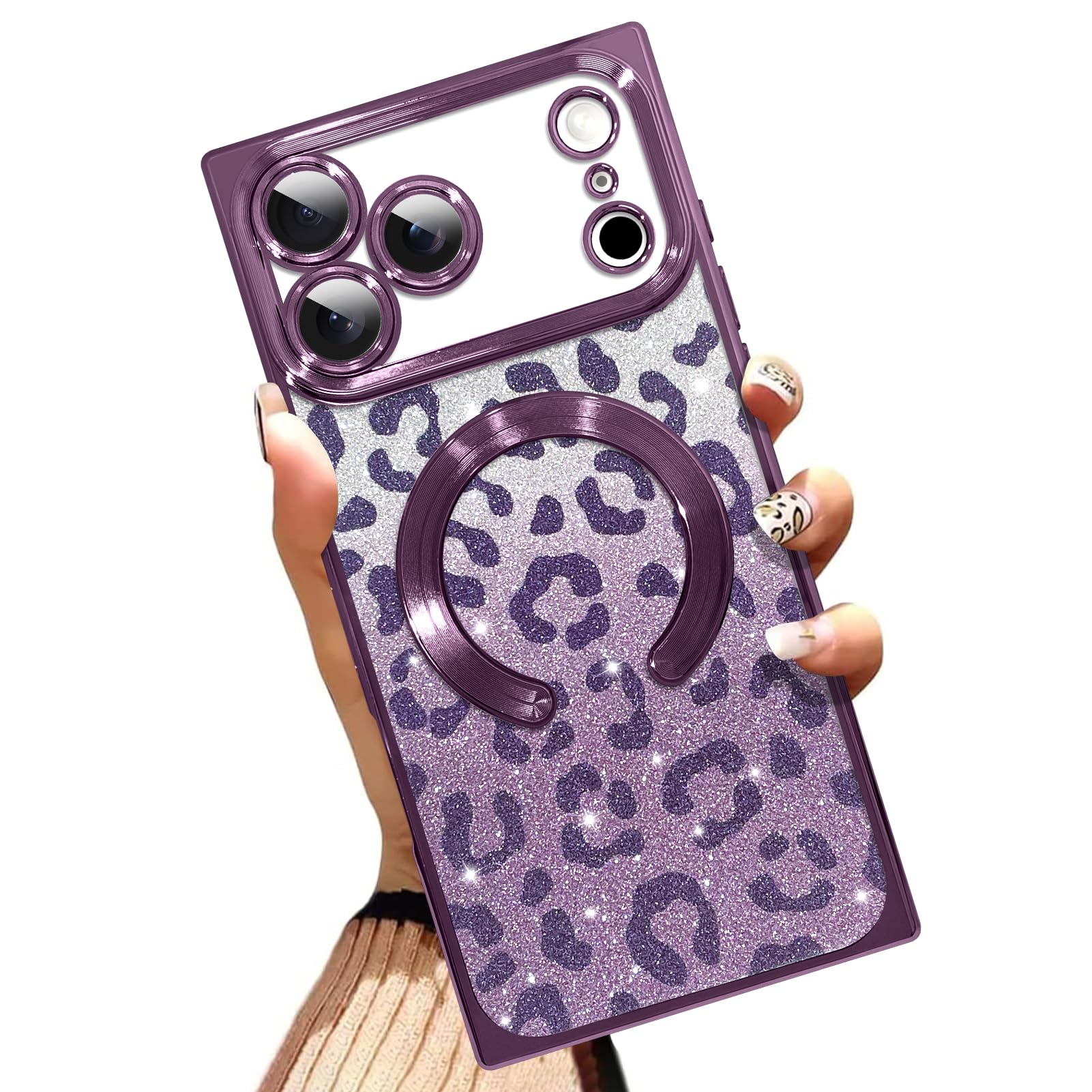 AIGOMARA Phone Case for iPhone 17 Pro Max 6.9 Inch [Compatible with MagSafe] Purple Leopard Print Design Glitter Bling Case Shockproof Scratch-Resistant Soft TPU Phone Cover for Women - Purple
