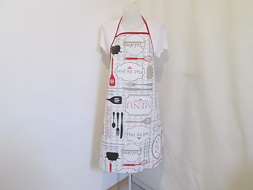 Tablier Femme En Toile Cirée Blanche Grise Et Rouge Avec