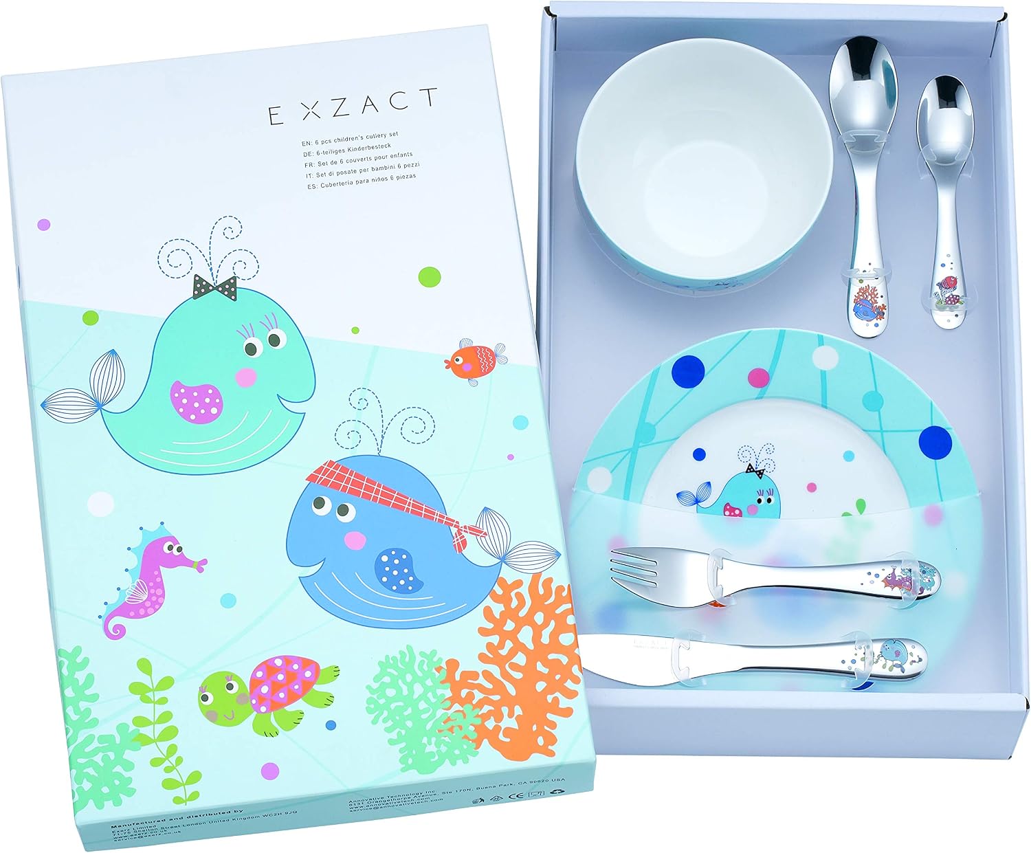 EXZACT 6-Piece Children's Dinner & Cutlery Gift Set, Stainless Steel & Porcelain, Sea Gift Set - Image 3