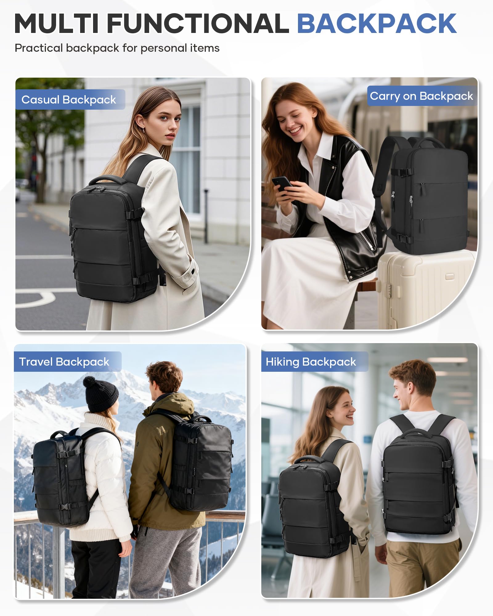 Vacuum Travel Backpack with Pump Women,Personal Item Carry on Backpacks Flight Approved 18x14x8 inches Men,Laptop Waterproof Work Compression bags Casual Daypack Mochila de Viaje Compresion al Black