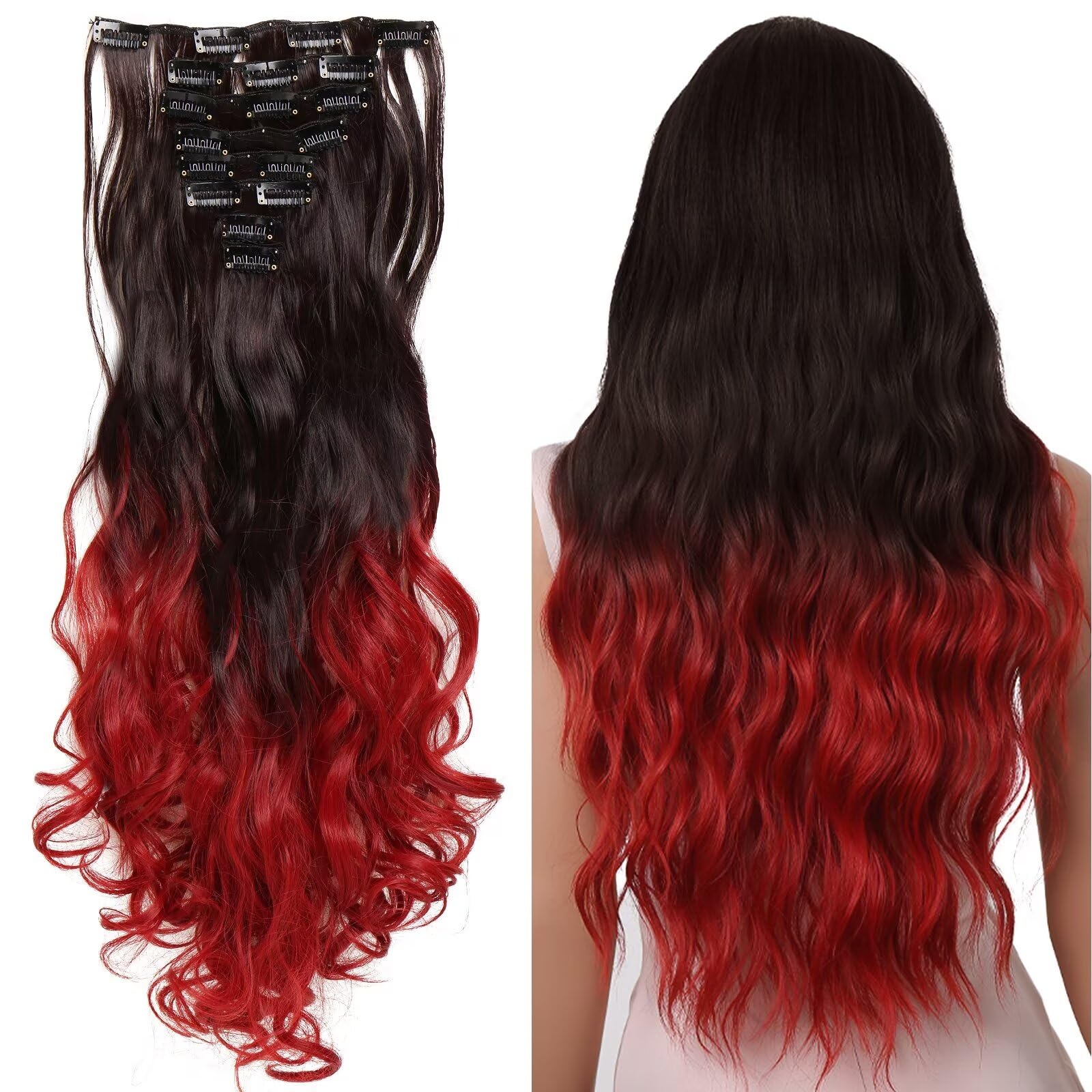 Clip in Hair Extension 8 Pcs full Head 24inch Long Curly Hairpiece Heat-Resisting (Dark Brown to Dark Red) — image 1
