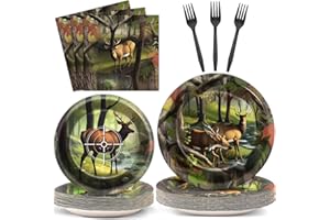 NAOZINEBI Hunting Camo Party Plates Napkins Deer Hunting Dinnerware Hunter Camo Themed Birthday Party Tableware Set Disposable Forks Dessert Supplies for Outdoor Tournament Events Family Picnic Decors Serves 24