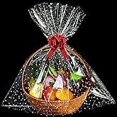 SYOGUA 10 Pack Clear Cellophane Bags with Polka Dots, 28'' x 32'' Large Basket Bags, 3 Mil Thicker Clear Gift Bag Cellophane Wrap for Christmas Gift Baskets Packaging
