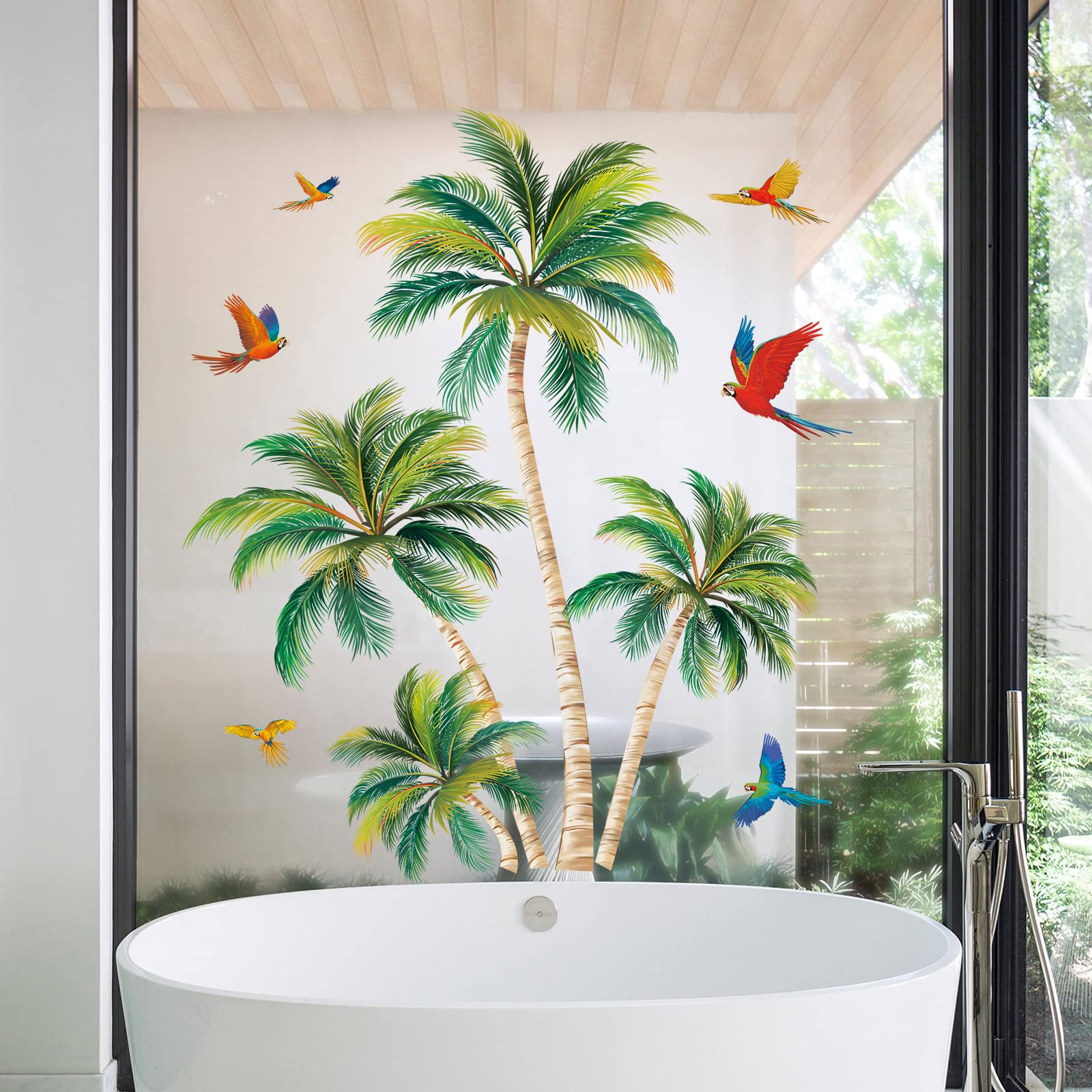wondever Tropical Summer Window Stickers Palm Tree Birds Glass Decal Clings Anti Collision Double-Side Static Window Decals for Home Office Glass Window