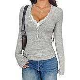 LOFAAC Women Y2K Deep V Neck Lace Trim Ribbed Knit Pullover Top Casual Slim Fit Button Down Ruched Long Sleeve Shirts