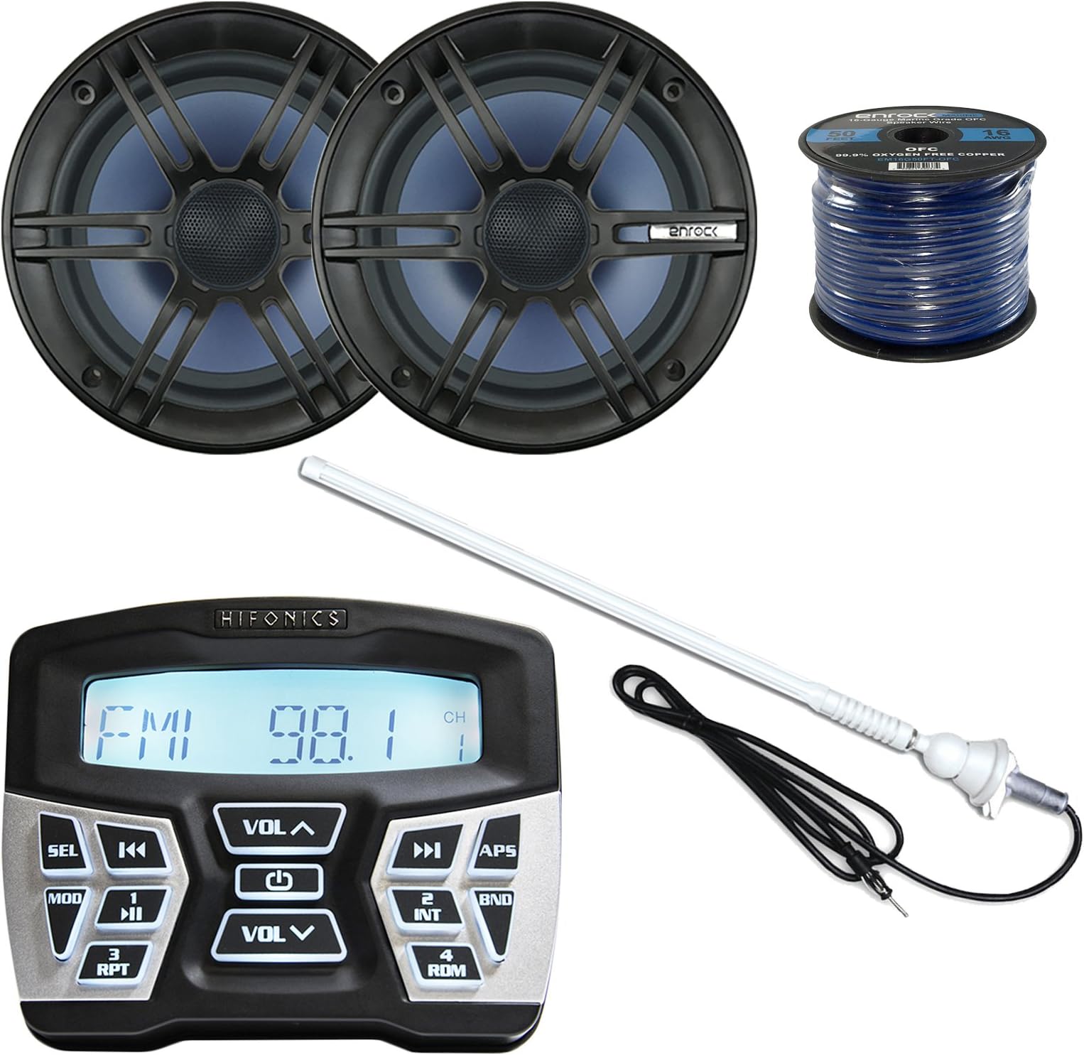 Audio Combo: Marine Audio Bluetooth Gauge Mount Radio, 2 x 6.5 Boat Outdoor Speaker, Antenna, Enrock 50 Foot 16-Gauge Speaker Wire