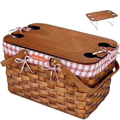 Buy G Good Gain Woodchip Picnic Basket With Portable Picnic Table Natural Woven Basket With Double Folding Handles Hand Woven Easter Eggs And Candy Basket Bath And Kids Toy Wicker Storage Basket