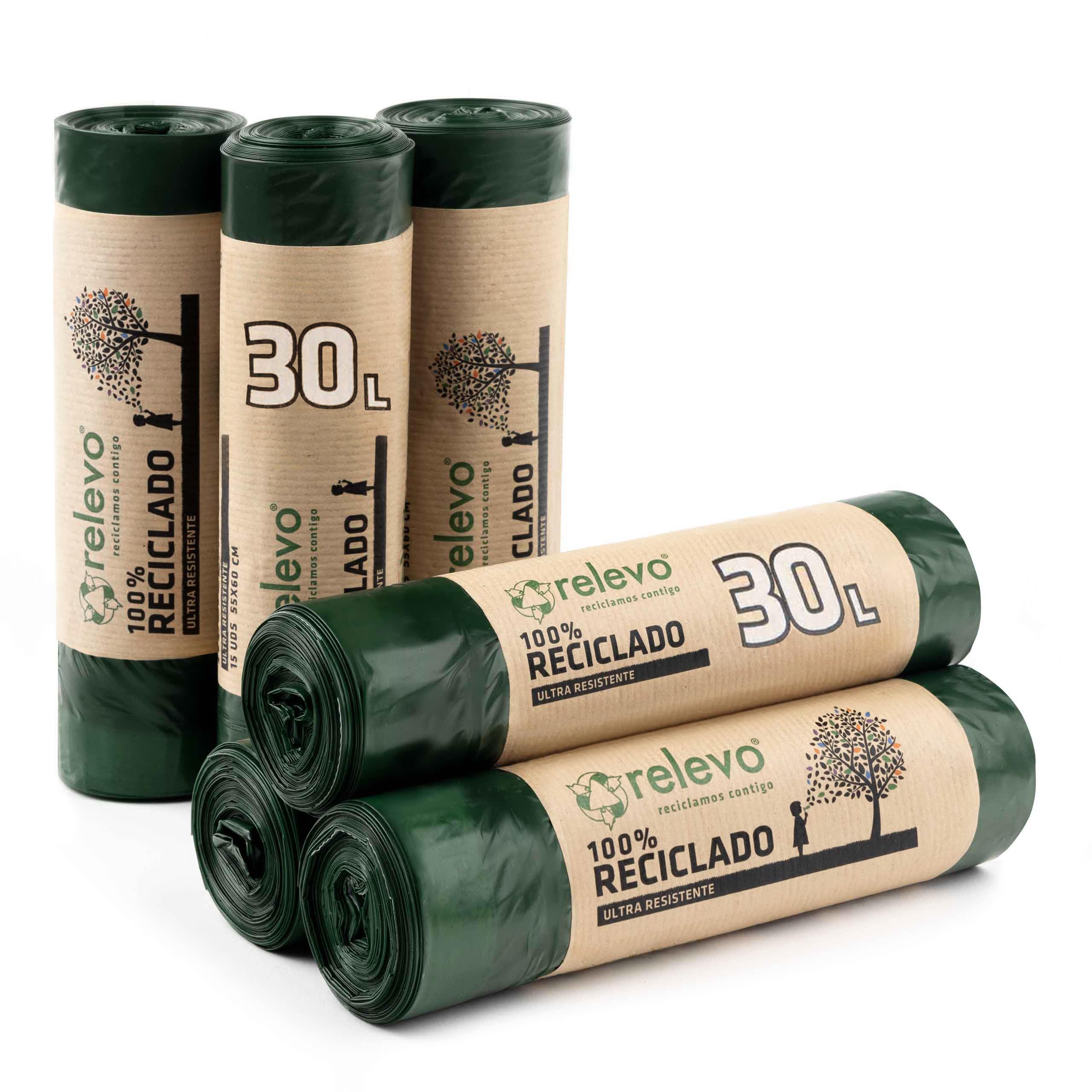 Relevo 30 Litre Bin Bags – Made from 100% Recycled Material. Green Bin Bags 30L – 55 cm x 60 cm. Includes 90 units of 30L Bin Liners with Drawstrings.