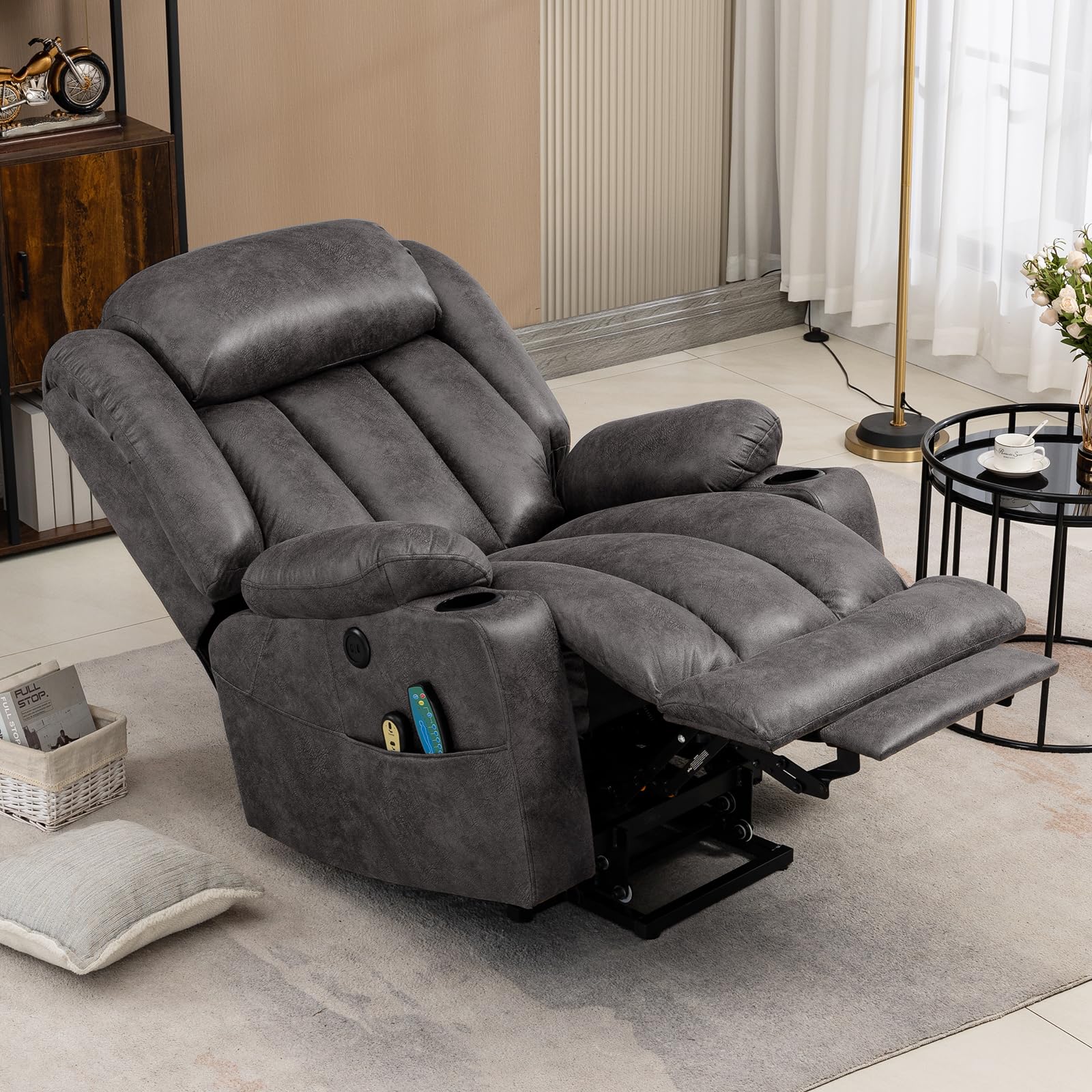 Photo 1 of VIVIJASON Tall Man Large Power Lift Recliner Chair with Massage and Heat for Elderly, Overstuffed Wide Electric Lift Recliner with Extended Footrest, 2 Cup Holder, Side Pockets & USB Ports (Grey)