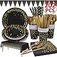 202pcs Eco-Friendly Disposable Black and Gold Paper Plates Cutlery Napkins Cups Tablecloth Banner Supplies Bulk, Non-Plastic 