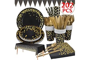 202pcs Eco-Friendly Disposable Black and Gold Paper Plates Cutlery Napkins Cups Tablecloth Banner Supplies Bulk, Non-Plastic 