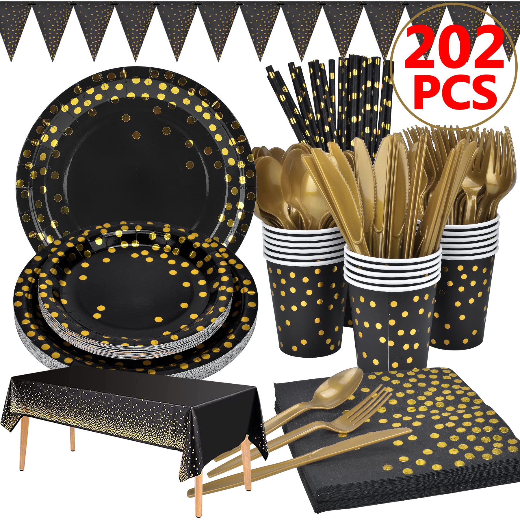 202pcs Eco-Friendly Gold & Black Party Paper Plates and Cutlery Napkins Cups Tablecloth Banner Supplies Set, Tableware Dinnerware Dining Sets for Wedding Birthday Anniversary Graduation Decorations