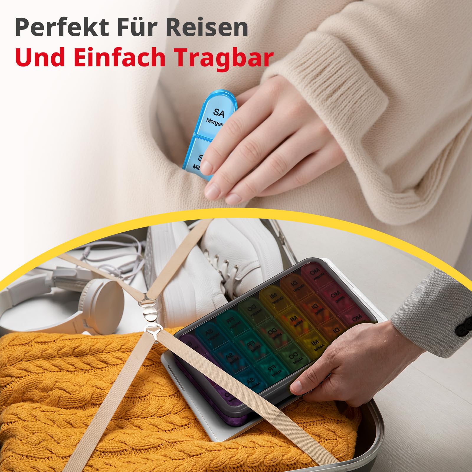 Doruimi Tablettenbox 7 Tage Morgens Mittags Abends, Medikamentenbox 7 Tage 3 fächer, Klein Pillendose Große Fächer - Schwarz 6