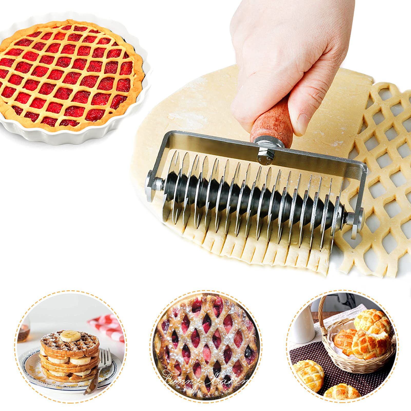 Stainless Steel Lattice Cutter and Roller - Baking Tool for Pizza, Pie, Bread, Pastry Crust with Wood Handle — image 1