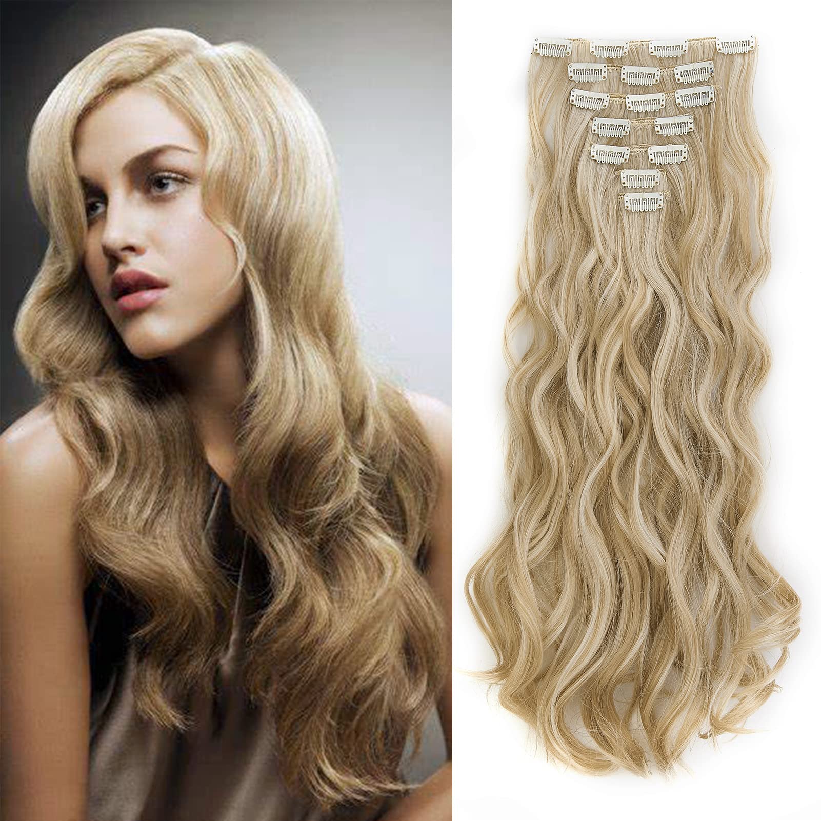 Gairyan 20inch Curly Hair Extensions Clip in Long Hair Extension Highlight 7PCS Full Head Synthetic Wavy Hairpiece for Women (Sandy Blonde & Bleach Blonde) โ image 1