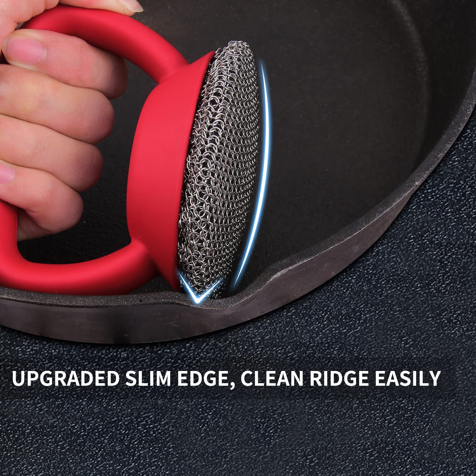 Cast Iron Cleaner Scrubber with Heavy Duty Handle, 3mm Welded Chain Mail Scrubber for Pan Pot Grill- Small Ring Chainmail Grill Scrubber Metal Scrub Sponge Skillet, Oven, Griddle, Wok Cleaning Brush