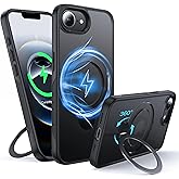 FNDMIL 360°Rotatable Magnetic Ring for iPhone 16e Case Compatible with MagSafe [Non-Slip Texture Edge] [Built-in Kickstand] [Military Shockproof] Translucent Matte Soft Silicone Bumper Slim,Black