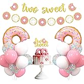 Levfla Two Sweet Donut Party Decoration Baby Second Birthday Glitter Doughnut Banner Cake Topper Sprinkles Balloons Kids Party Favor Ideas Supplies
