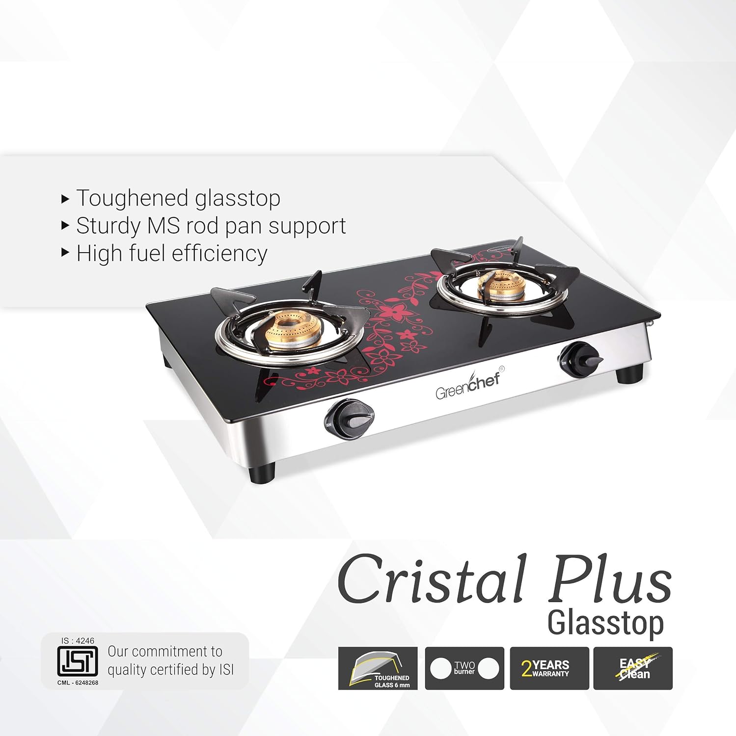 Glasss Top Gas Stove Crystal Plus 2 Burner Greenchef Best Price