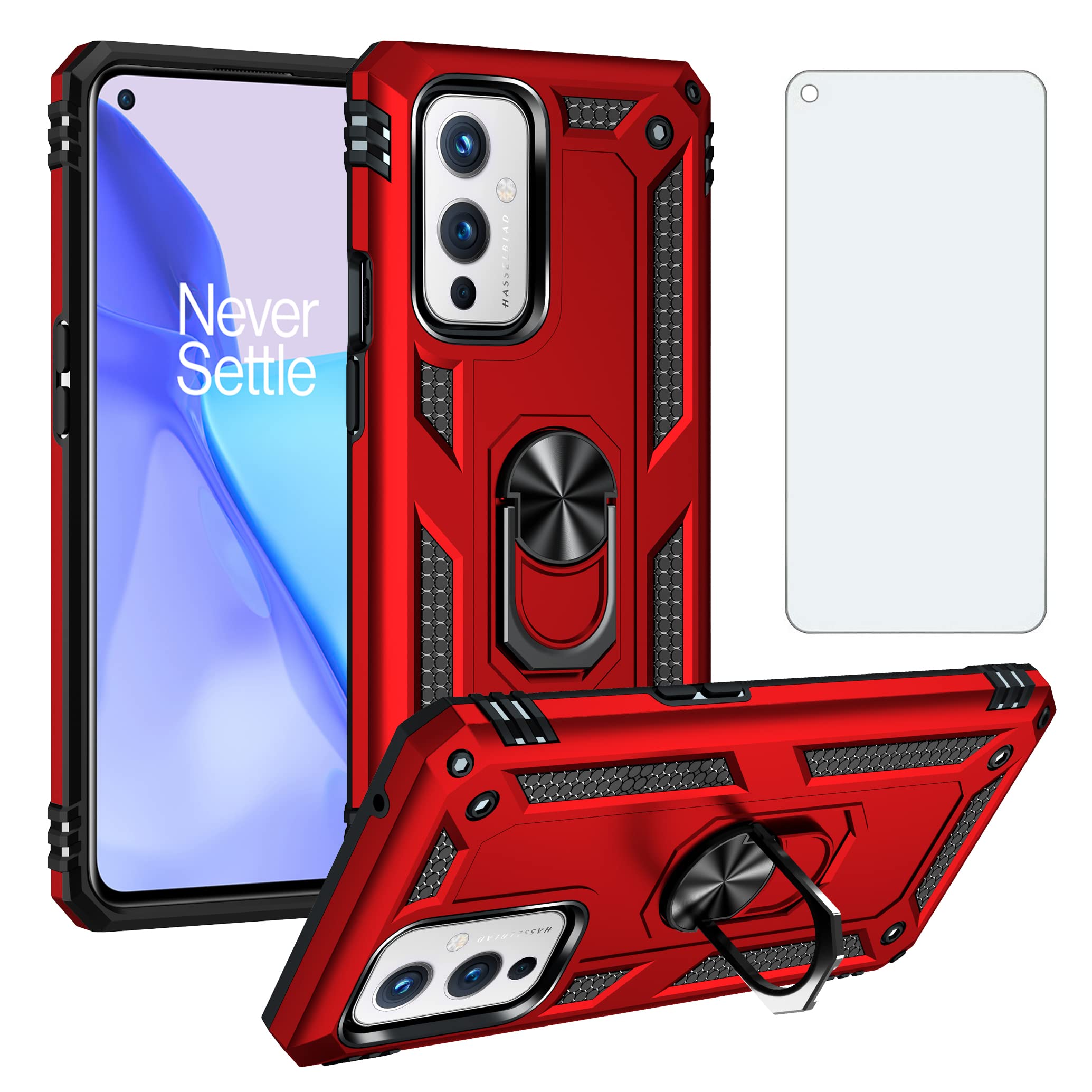 Phone Case for OnePlus 9 OnePlus9 5G with Tempered Glass Screen Protector Cover Magnetic Stand Ring Holder Accessories Heavy Duty Shockproof One Plus9 On 1 Plus 1plus One+ 1+ 1+9 Nine Girls Red