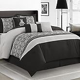 LANCO MODERN LIFESTYLE Black Silver Queen Comforter Set, Damask Jacquard with Matching Solid Piece Work, 7 Piece Soft Bedding Set for All Season, Bed Skirt, Pillow Shams and Decorative Pillows