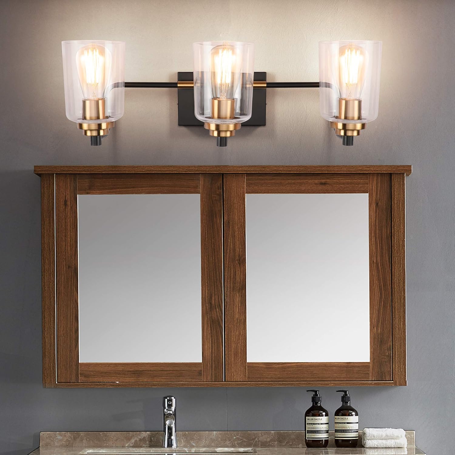 SOLFART 3 Head Vintage Bath Vanity Light Wall Decor Bathroom Over Mirror Modern Glass Shade Light Fixtures (3 Lights-Exclude Bulb) - - 