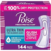 Poise Ultra Thin Incontinence Pads &amp; Postpartum Pads for Bladder Leaks, 4 Drop Moderate Absorbency, Regular Length, 144 Count, Packaging May Vary
